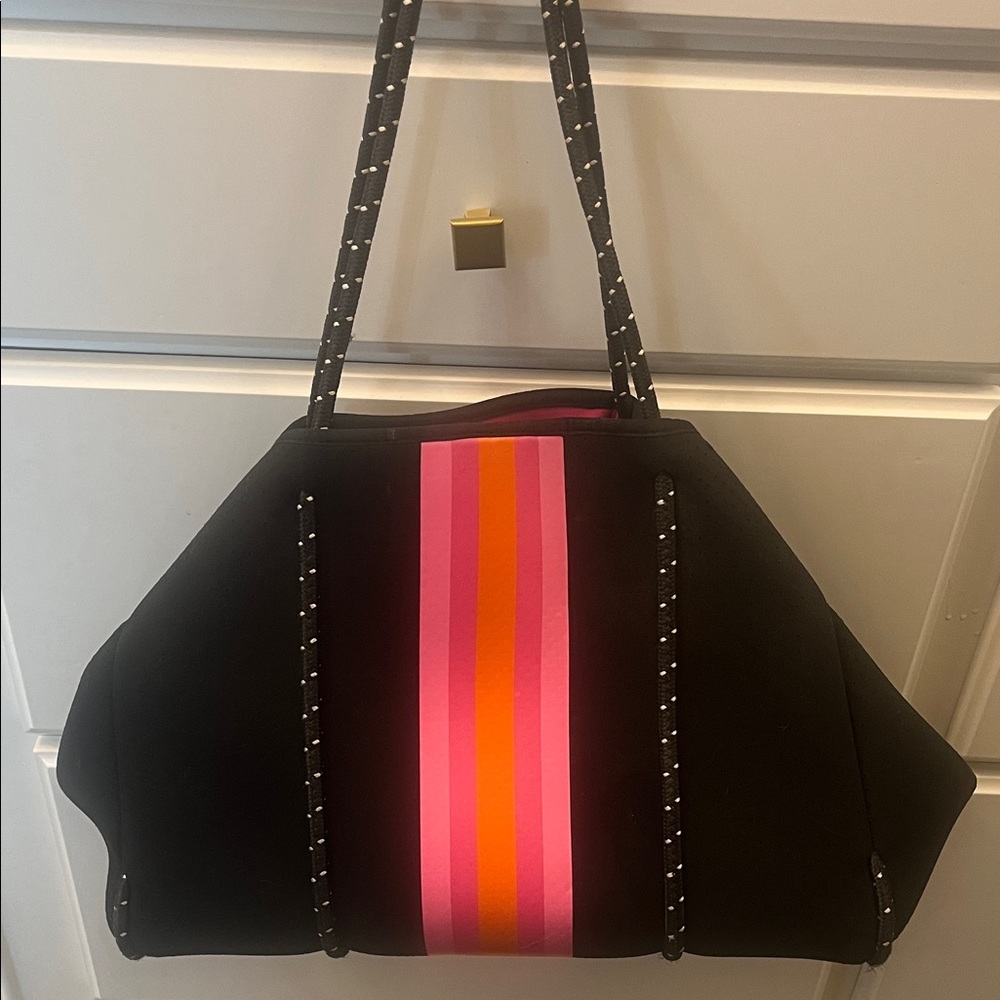 HAUTE SHORE Black Tote with Pink and Orange Stripes